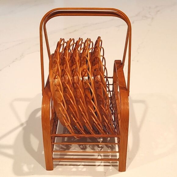 Vintage Bamboo Rattan Hibiscus Flower Set of 5 Coasters with Caddy - Picture 13 of 14